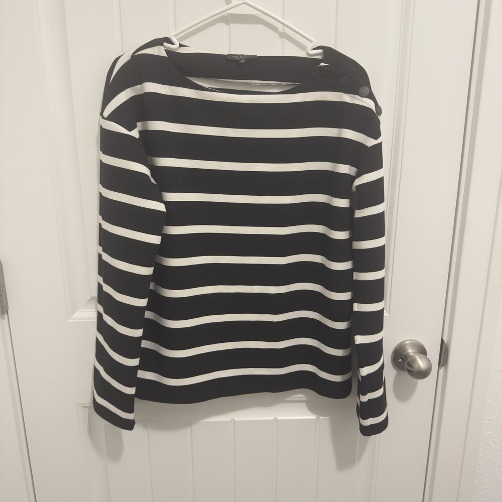 Rag & Bone Women's Black White Stripe Top Button Shoulder Size Small